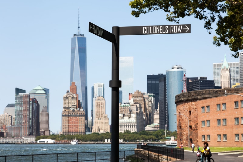 Wayfinding sign with directions to Play Lawn and Colonels Row on Governors Island in New York Harbor
