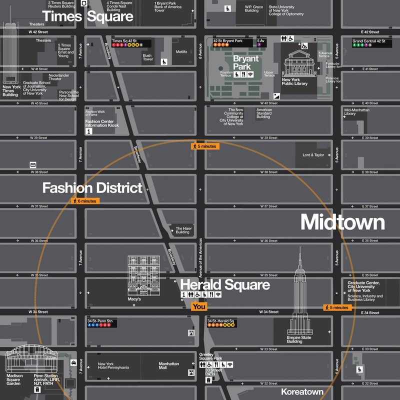 Map and cartography design with Helvetica for NYC DOT Walk NYC pedestrian wayfinding program depicting Midtown Manhattan